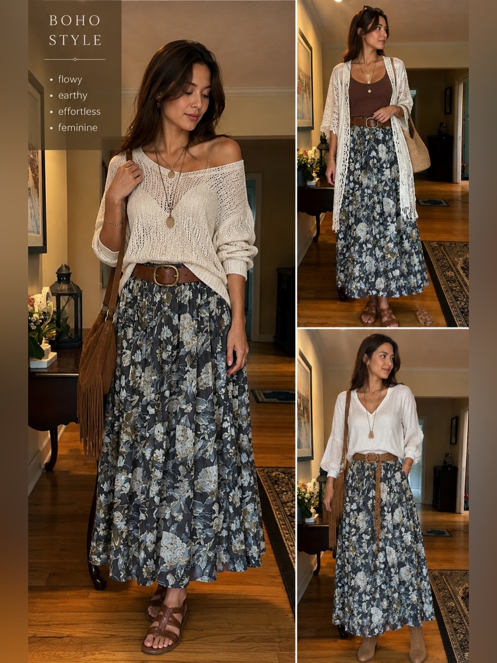 100% Silk Boho Floral Maxi Skirt with Smocked Elastic Waist Small Petite 30"x35"